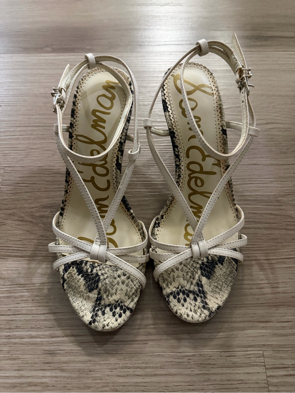 Sam Edelman Cream Strappy Sandals with Snake-Print Toe Size 6